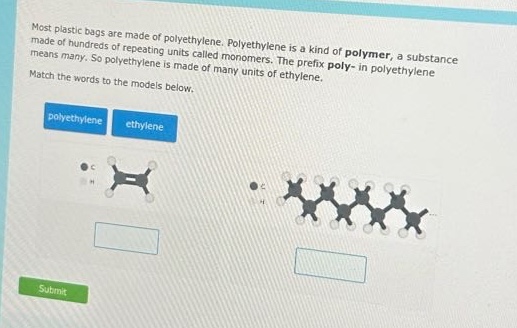 most plastic bags are made of polyethylene. polyethylene is a kind of polymer, a substance made of hundreds of repeating units called monomers. the prefix poly - in polyethylene means many. so polyethylene is made of many units of ethylene. match the words to the models below. polyethylene ethylene