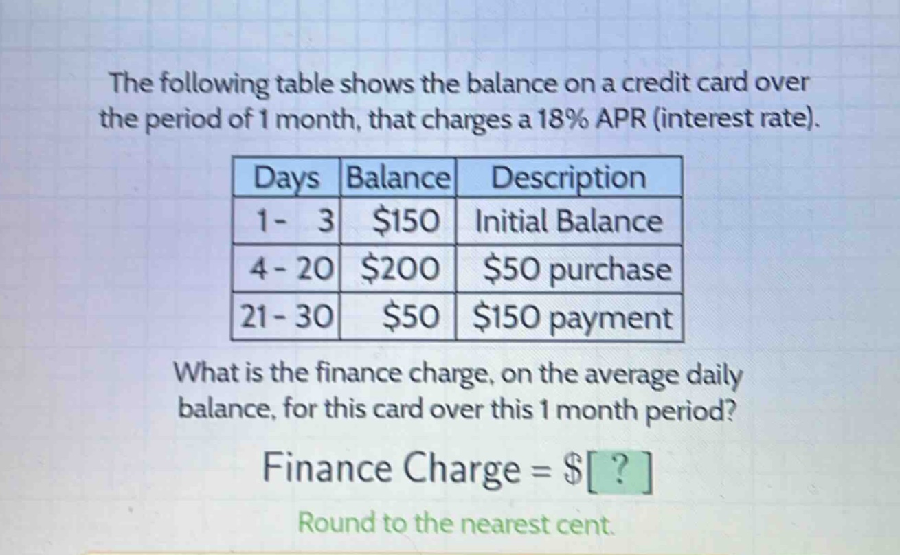 the following table shows the balance on a credit card over the period of 1 month, that charges a 18% apr (interest rate).\ndays balance description\n1 - 3 $150 initial balance\n4 - 20 $200 $50 purchase\n21 - 30 $50 $150 payment\nwhat is the finance charge, on the average daily balance, for this card over this 1 month period?\nfinance charge = $?\nround to the nearest cent.