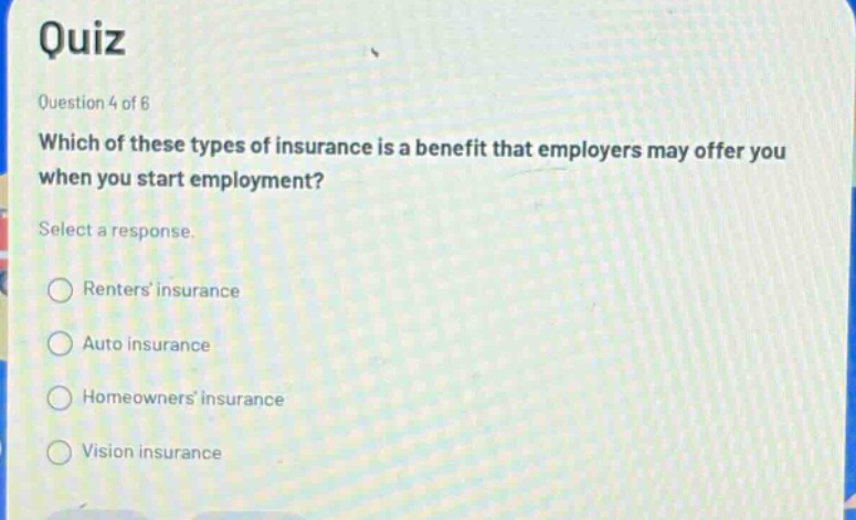 quiz question 4 of 6 which of these types of insurance is a benefit that employers may offer you when you start employment? select a response. renters insurance auto insurance homeowners insurance vision insurance