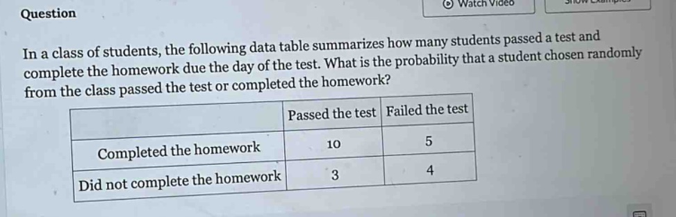 question in a class of students, the following data table summarizes how many students passed a test and complete the homework due the day of the test. what is the probability that a student chosen randomly from the class passed the test or completed the homework? passed the test failed the test completed the homework 10 5 did not complete the homework 3 4