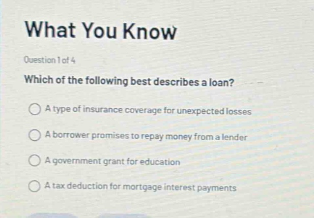 what you know\nquestion 1 of 4\nwhich of the following best describes a loan?\na type of insurance coverage for unexpected losses\na borrower promises to repay money from a lender\na government grant for education\na tax deduction for mortgage interest payments