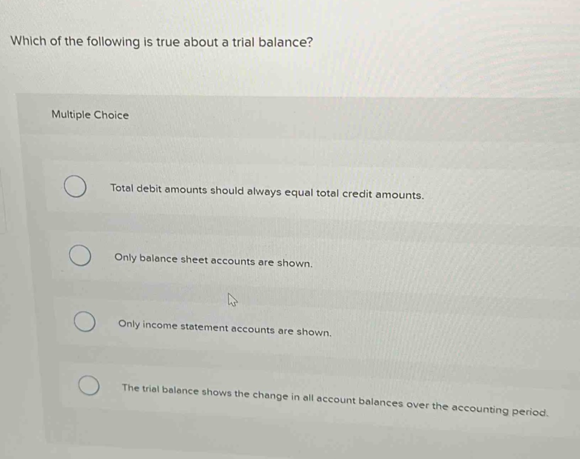 which of the following is true about a trial balance? multiple choice total debit amounts should always equal total credit amounts. only balance sheet accounts are shown. only income statement accounts are shown. the trial balance shows the change in all account balances over the accounting period.