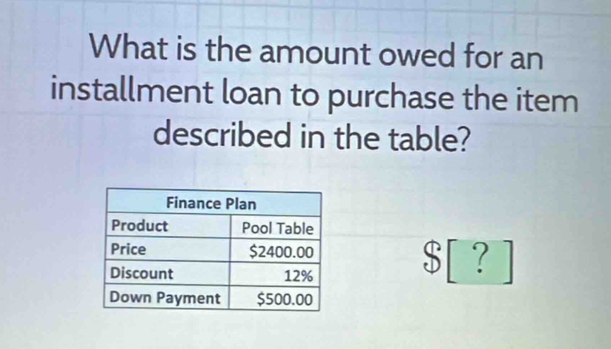what is the amount owed for an installment loan to purchase the item described in the table? finance plan product pool table price $2400.00 discount 12% down payment $500.00