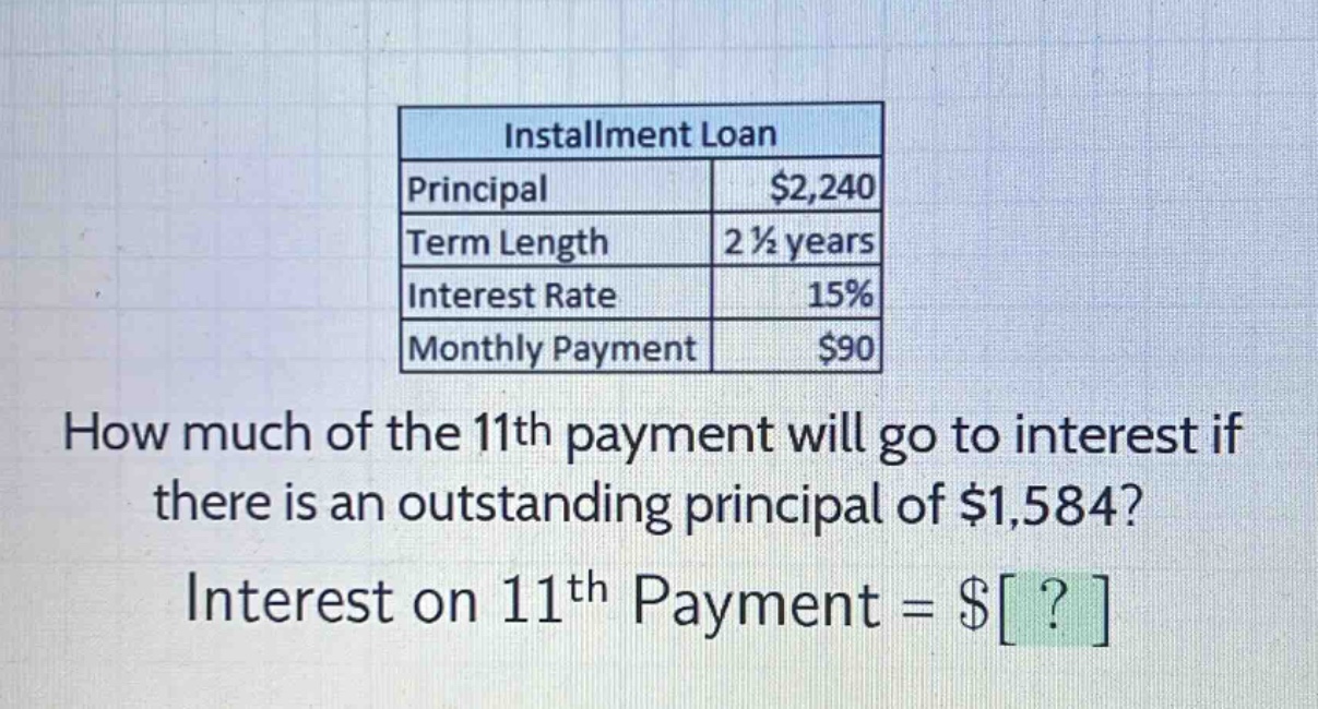 installment loan principal $2,240 term length 2 1/2 years interest rate 15% monthly payment $90 how much of the 11th payment will go to interest if there is an outstanding principal of $1,584? interest on 11th payment = $?