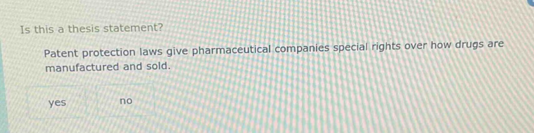 is this a thesis statement? patent protection laws give pharmaceutical companies special rights over how drugs are manufactured and sold. yes no