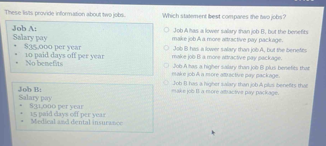 these lists provide information about two jobs. which statement best compares the two jobs? job a: salary pay $35,000 per year 10 paid days off per year no benefits job b: salary pay $31,000 per year 15 paid days off per year medical and dental insurance