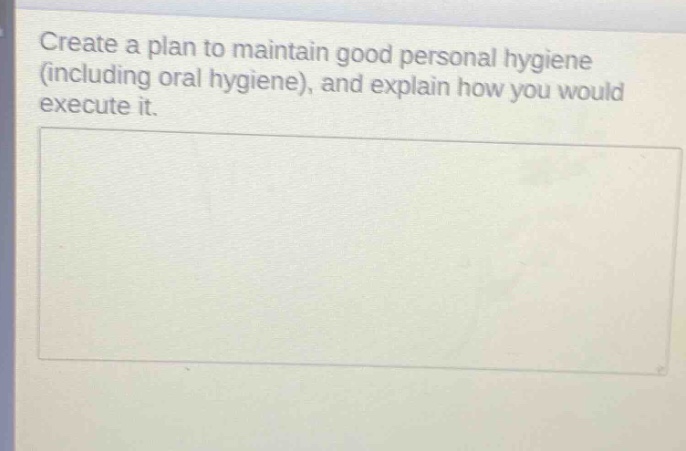 create a plan to maintain good personal hygiene (including oral hygiene), and explain how you would execute it.