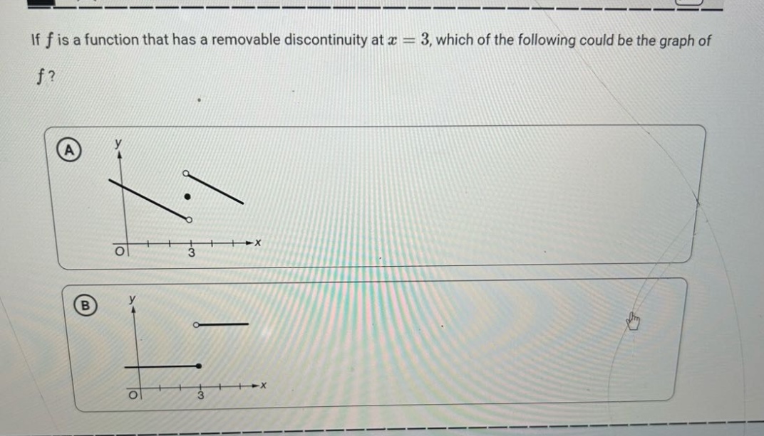 if f is a function that has a removable discontinuity at x = 3, which of the following could be the graph of f?