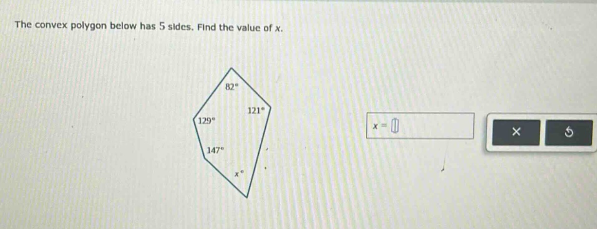 the convex polygon below has 5 sides. find the value of x.