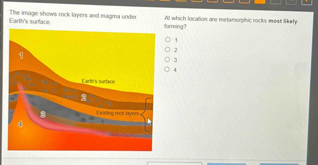 the image shows rock layers and magma under earth’s surface. at which location are metamorphic rocks most likely forming? 1 2 3 4