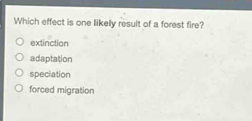 which effect is one likely result of a forest fire?\nextinction\nadaptation\nspeciation\nforced migration