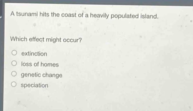 a tsunami hits the coast of a heavily populated island. which effect might occur? extinction loss of homes genetic change speciation
