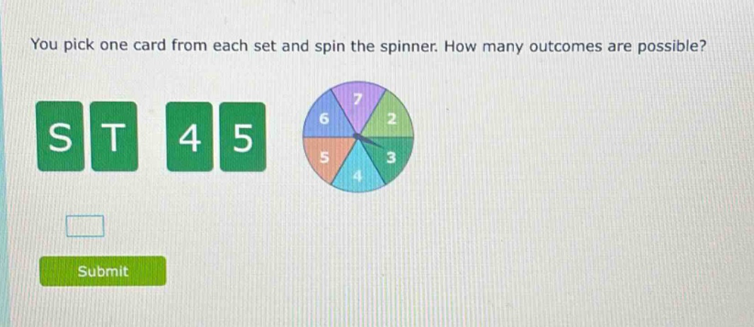 you pick one card from each set and spin the spinner. how many outcomes are possible?