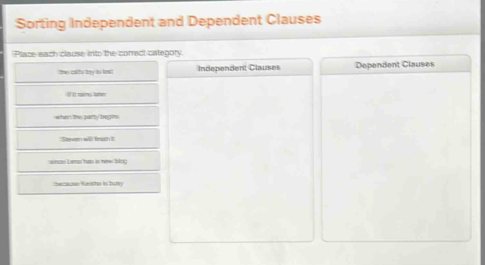 sorting independent and dependent clauses\nplace each clause into the correct category.\nthe cats toy is lost\nif it rains later\nwhen the party begins\nsteven will finish it\nsince lena has a new blog\nbecause keisha is busy\nindependent clauses\ndependent clauses