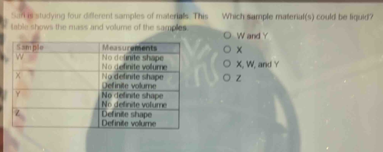 sari is studying four different samples of materials. this table shows the mass and volume of the samples. which sample material(s) could be liquid? sample measurements w no definite shape no definite volume x no definite shape definite volume y no definite shape no definite volume z definite shape definite volume o w and y o x o x, w, and y o z