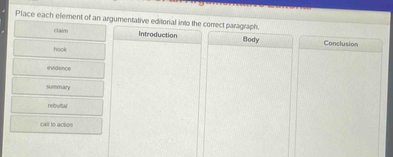 place each element of an argumentative editorial into the correct paragraph. claim hook evidence summary rebuttal call to action introduction body conclusion