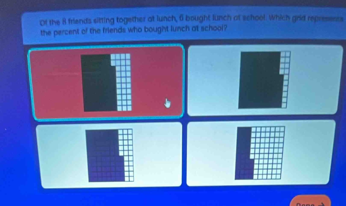 of the 8 friends sitting together at lunch, 6 bought lunch at school. which grid represents the percent of the friends who bought lunch at school?