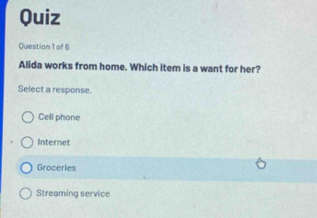 quiz\nquestion 1 of 6\nalida works from home. which item is a want for her?\nselect a response.\ncell phone\ninternet\ngroceries\nstreaming service