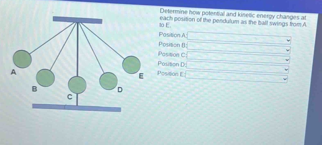 determine how potential and kinetic energy changes at each position of the pendulum as the ball swings from a to e. position a: position b: position c: position d: position e: