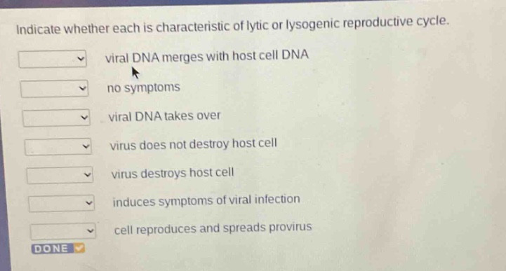 indicate whether each is characteristic of lytic or lysogenic reproductive cycle. viral dna merges with host cell dna no symptoms viral dna takes over virus does not destroy host cell virus destroys host cell induces symptoms of viral infection cell reproduces and spreads provirus done