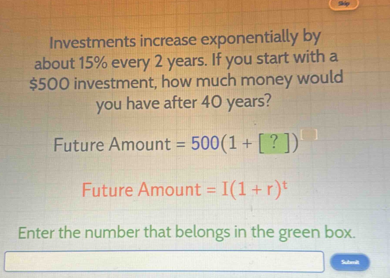 investments increase exponentially by about 15% every 2 years. if you start with a $500 investment, how much money would you have after 40 years? future amount = 500(1 + ?) future amount = i(1 + r)^t enter the number that belongs in the green box.