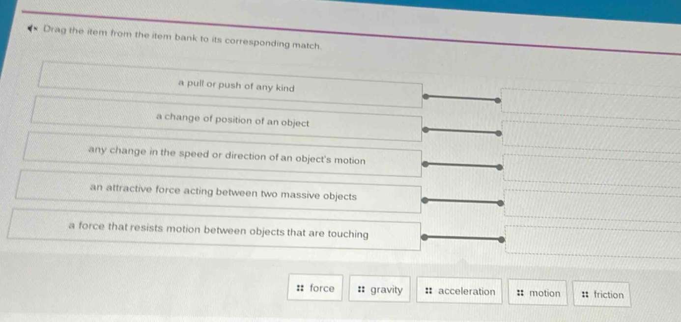 drag the item from the item bank to its corresponding match. a pull or push of any kind a change of position of an object any change in the speed or direction of an objects motion an attractive force acting between two massive objects a force that resists motion between objects that are touching force gravity acceleration motion friction