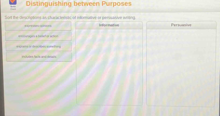 distinguishing between purposes\nsort the descriptions as characteristic of informative or persuasive writing.\nexpresses opinions\nencourages a belief or action\nexplains or describes something\nincludes facts and details\ninformative\npersuasive