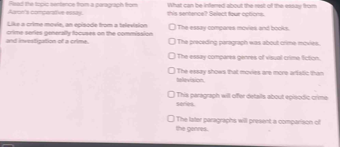 read the topic sentence from a paragraph from aarons comparative essay. like a crime movie, an episode from a television crime series generally focuses on the commission and investigation of a crime. what can be inferred about the rest of the essay from this sentence? select four options. the essay compares movies and books. the preceding paragraph was about crime movies. the essay compares genres of visual crime fiction. the essay shows that movies are more artistic than television. this paragraph will offer details about episodic crime series. the later paragraphs will present a comparison of the genres.