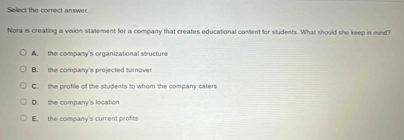 select the correct answer. nora is creating a vision statement for a company that creates educational content for students. what should she keep in mind? a. the companys organizational structure b. the companys projected turnover c. the profile of the students to whom the company caters d. the companys location e. the companys current profits
