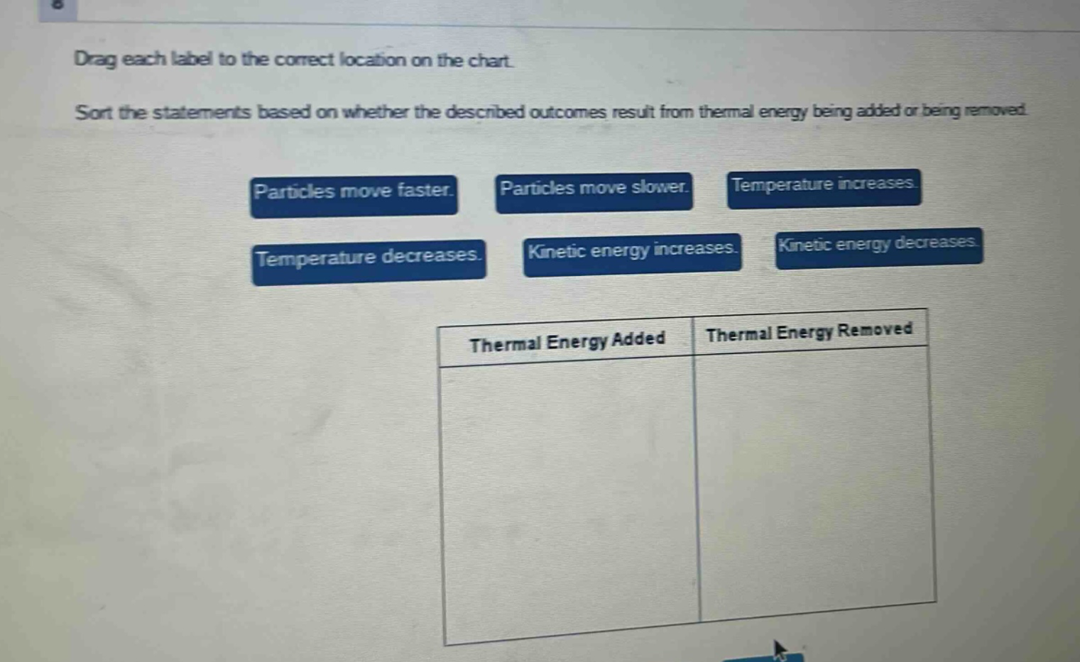 drag each label to the correct location on the chart. sort the statements based on whether the described outcomes result from thermal energy being added or being removed. particles move faster. particles move slower. temperature increases. temperature decreases. kinetic energy increases. kinetic energy decreases. thermal energy added thermal energy removed