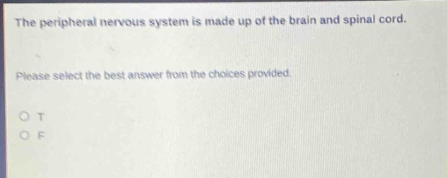 the peripheral nervous system is made up of the brain and spinal cord. please select the best answer from the choices provided. o t o f