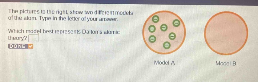 the pictures to the right, show two different models of the atom. type in the letter of your answer. which model best represents dalton’s atomic theory? done