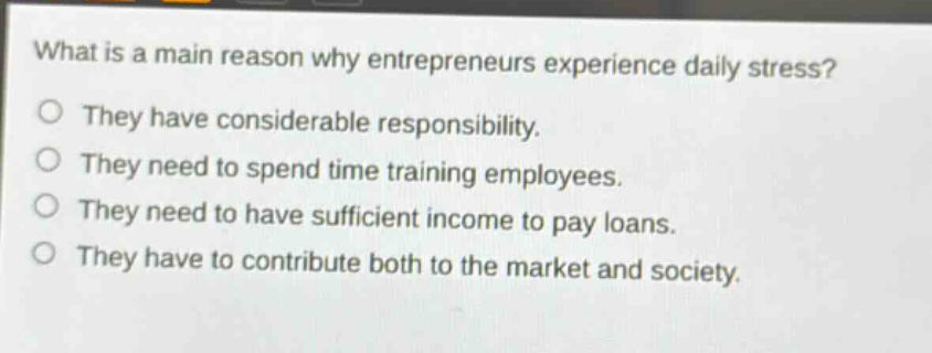 what is a main reason why entrepreneurs experience daily stress?\no they have considerable responsibility.\no they need to spend time training employees.\no they need to have sufficient income to pay loans.\no they have to contribute both to the market and society.