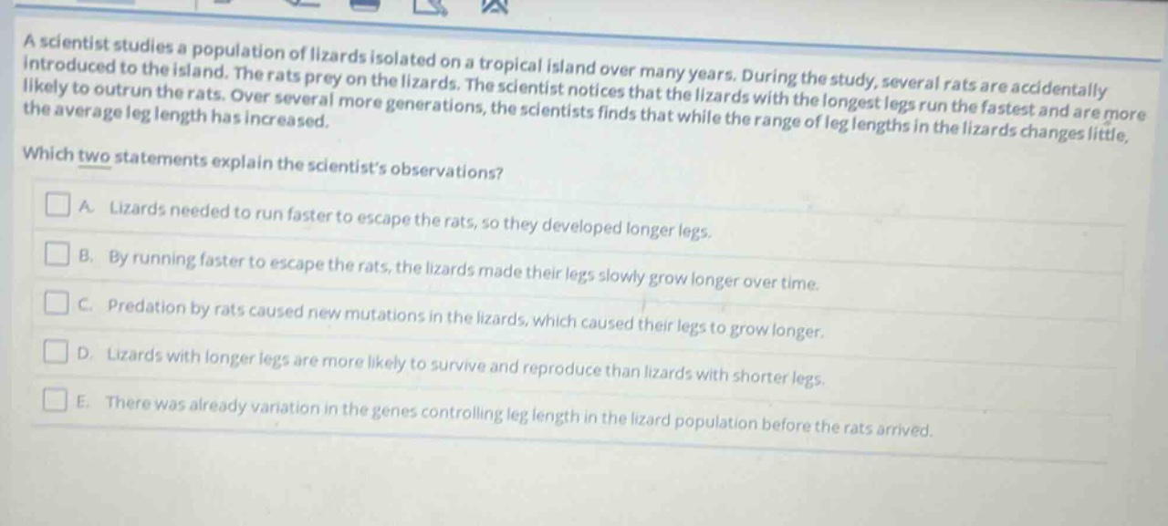 a scientist studies a population of lizards isolated on a tropical island over many years. during the study, several rats are accidentally introduced to the island. the rats prey on the lizards. the scientist notices that the lizards with the longest legs run the fastest and are more likely to outrun the rats. over several more generations, the scientists finds that while the range of leg lengths in the lizards changes little, the average leg length has increased. which two statements explain the scientists observations? a. lizards needed to run faster to escape the rats, so they developed longer legs. b. by running faster to escape the rats, the lizards made their legs slowly grow longer over time. c. predation by rats caused new mutations in the lizards, which caused their legs to grow longer. d. lizards with longer legs are more likely to survive and reproduce than lizards with shorter legs. e. there was already variation in the genes controlling leg length in the lizard population before the rats arrived.