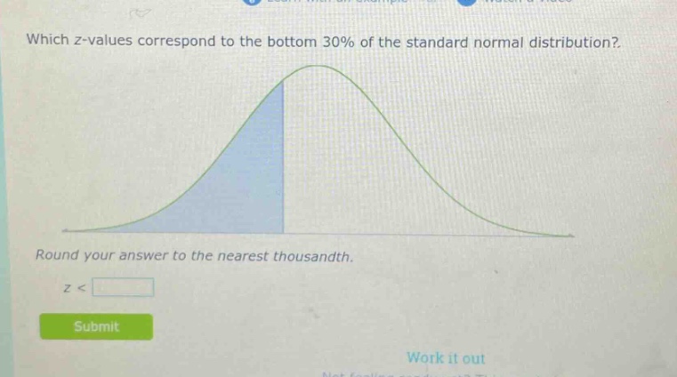 which z - values correspond to the bottom 30% of the standard normal distribution? round your answer to the nearest thousandth. z <