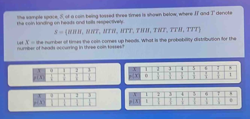 the sample space, s, of a coin being tossed three times is shown below, where h and t denote the coin landing on heads and tails respectively. s = {hhh, hht, hth, htt, thh, tht, tth, ttt} let x = the number of times the coin comes up heads. what is the probability distribution for the number of heads occurring in three coin tosses?