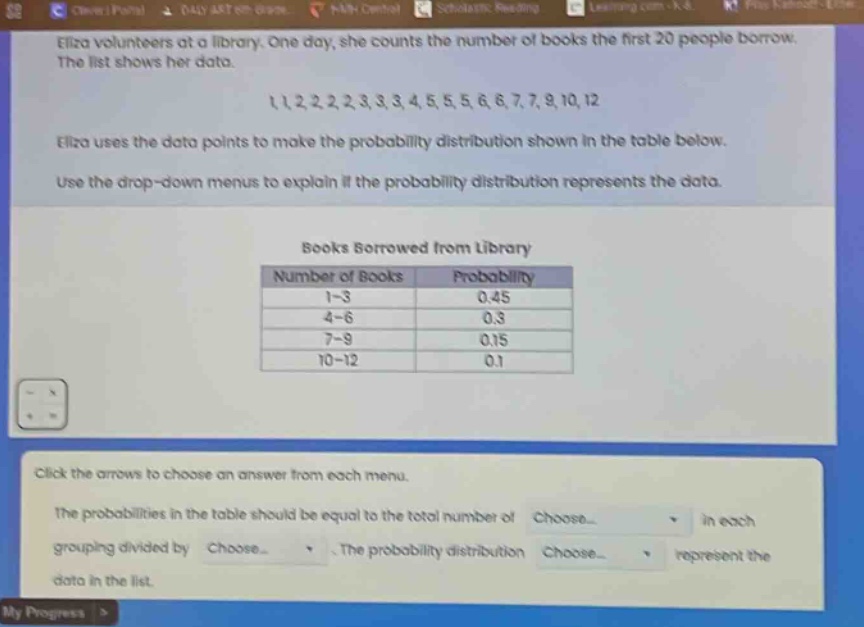 eliza volunteers at a library. one day, she counts the number of books the first 20 people borrow. the list shows her data. 1,1,2,2,2,2,3,3,3,4,5,5,5,6,6,7,7,9,10,12 eliza uses the data points to make the probability distribution shown in the table below. use the drop - down menus to explain if the probability distribution represents the data. books borrowed from library number of books probability 1 - 3 0.45 4 - 6 0.3 7 - 9 0.15 10 - 12 0.1 click the arrows to choose an answer from each menu. the probabilities in the table should be equal to the total number of choose... in each grouping divided by choose... the probability distribution choose... represent the data in the list.