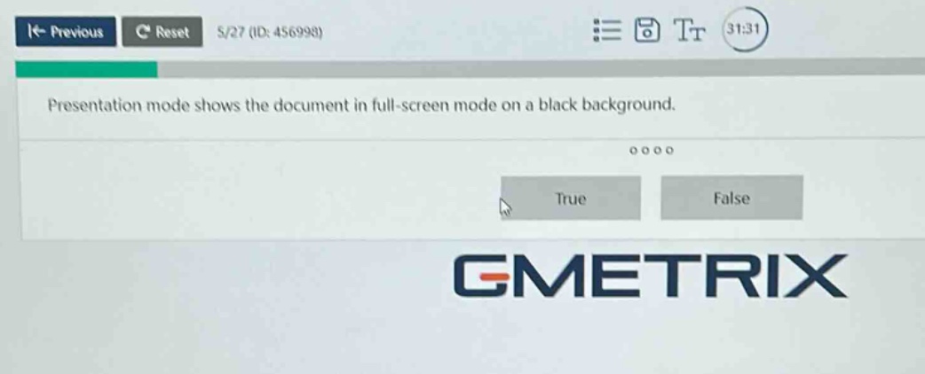 presentation mode shows the document in full - screen mode on a black background. true false