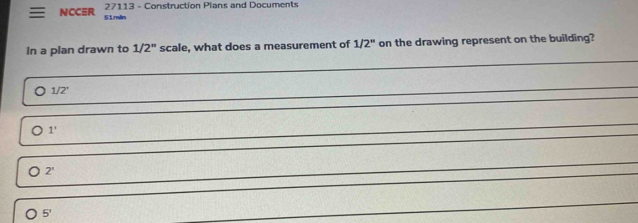 in a plan drawn to 1/2\ scale, what does a measurement of 1/2\ on the drawing represent on the building?\n1/2\n1\n2\n5