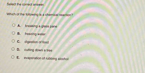 select the correct answer. which of the following is a chemical reaction? a. breaking a glass pane b. freezing water c. digestion of food d. cutting down a tree e. evaporation of rubbing alcohol