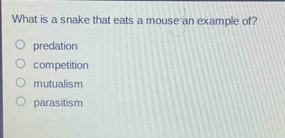 what is a snake that eats a mouse an example of?\npredation\ncompetition\nmutualism\nparasitism