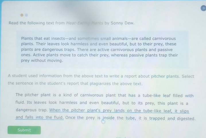 read the following text from meat - eating plants by sonny dew. plants that eat insects—and sometimes small animals—are called carnivorous plants. their leaves look harmless and even beautiful, but to their prey, these plants are dangerous traps. there are active carnivorous plants and passive ones. active plants move to catch their prey, whereas passive plants trap their prey without moving. a student used information from the above text to write a report about pitcher plants. select the sentence in the students report that plagiarizes the above text. the pitcher plant is a kind of carnivorous plant that has a tube - like leaf filled with fluid. its leaves look harmless and even beautiful, but to its prey, this plant is a dangerous trap. when the pitcher plants prey lands on the tube - like leaf, it slips and falls into the fluid. once the prey is inside the tube, it is trapped and digested.