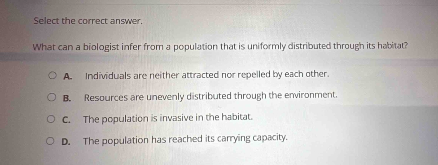 select the correct answer. what can a biologist infer from a population that is uniformly distributed through its habitat? a. individuals are neither attracted nor repelled by each other. b. resources are unevenly distributed through the environment. c. the population is invasive in the habitat. d. the population has reached its carrying capacity.