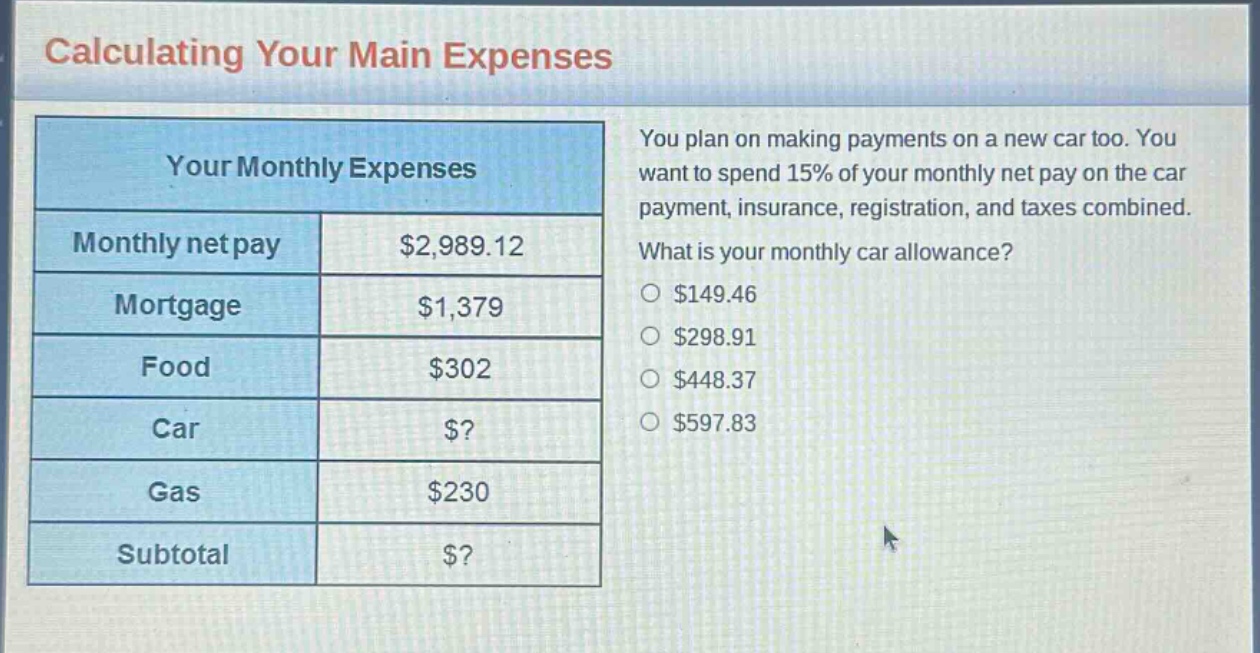 calculating your main expenses\nyour monthly expenses\nmonthly net pay $2,989.12\nmortgage $1,379\nfood $302\ncar $$?$ \ngas $230\nsubtotal $$?$ \nyou plan on making payments on a new car too. you want to spend 15% of your monthly net pay on the car payment, insurance, registration, and taxes combined. what is your monthly car allowance?\n$149.46\n$298.91\n$448.37\n$597.83