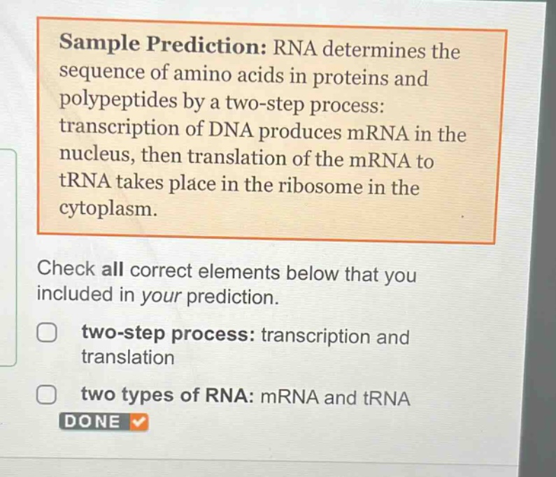 sample prediction: rna determines the sequence of amino acids in proteins and polypeptides by a two - step process: transcription of dna produces mrna in the nucleus, then translation of the mrna to trna takes place in the ribosome in the cytoplasm. check all correct elements below that you included in your prediction. two - step process: transcription and translation two types of rna: mrna and trna done