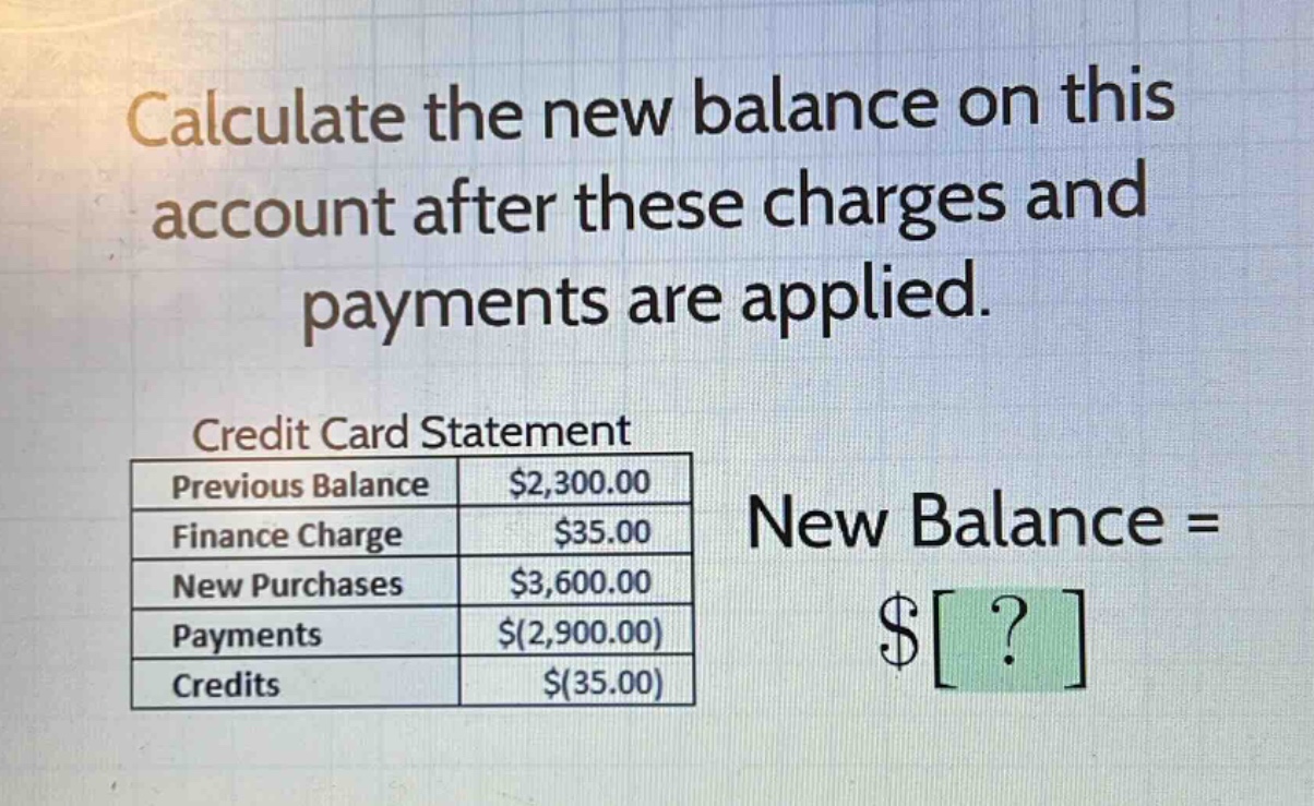 calculate the new balance on this account after these charges and payments are applied. credit card statement previous balance $2,300.00 finance charge $35.00 new purchases $3,600.00 payments $(2,900.00) credits $(35.00) new balance = $?