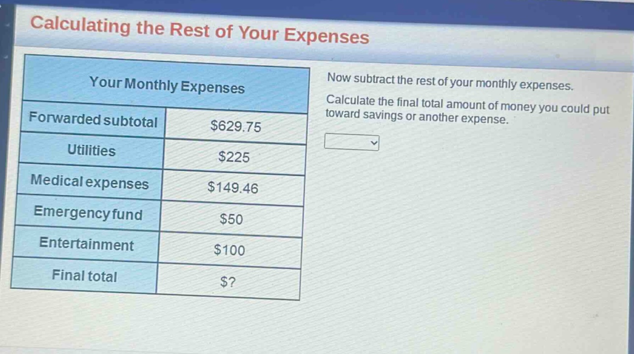 calculating the rest of your expenses\nyour monthly expenses\nforwarded subtotal $629.75\nutilities $225\nmedical expenses $149.46\nemergency fund $50\nentertainment $100\nfinal total $?\nnow subtract the rest of your monthly expenses. calculate the final total amount of money you could put toward savings or another expense.