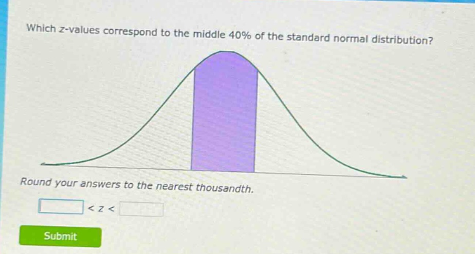 which z - values correspond to the middle 40% of the standard normal distribution? round your answers to the nearest thousandth. < z <