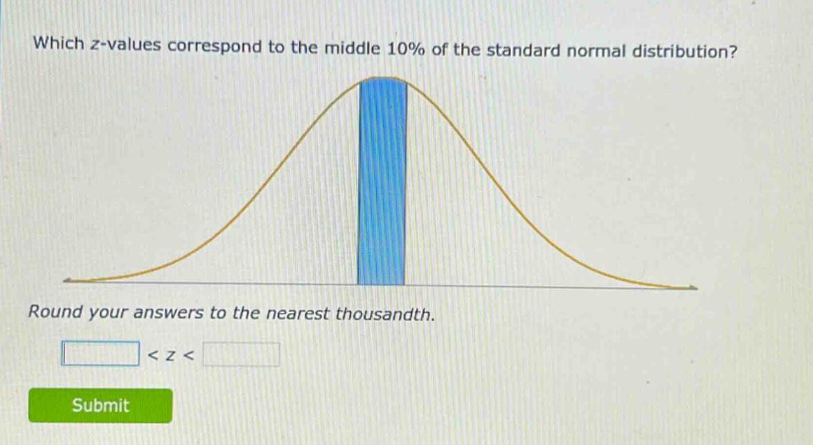 which z - values correspond to the middle 10% of the standard normal distribution? round your answers to the nearest thousandth. < z <