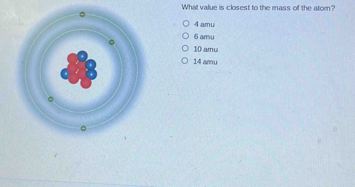what value is closest to the mass of the atom? 4 amu 6 amu 10 amu 14 amu